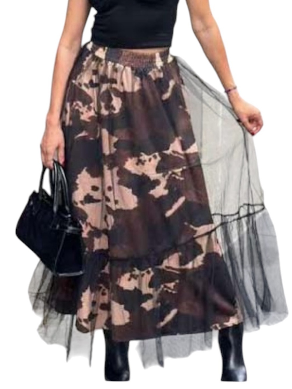 Denim Love Mesh Overlay Maxi Skirt Animal Print Tulle Skirt Boho Western